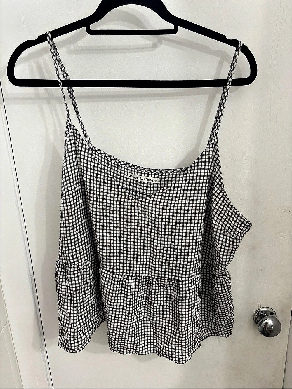 Abercrombie & Fitch Linen-Blend Gingham Peplum Cami Black & White XL